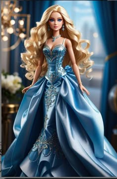 the barbie doll is wearing a blue dress