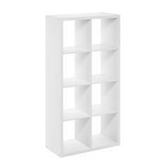 a white bookcase with four shelves on each side