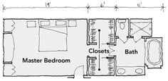 the floor plan for a bedroom and bathroom