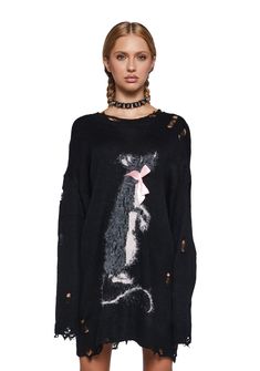 This sweater has a knit construction with a distressed design, a front intarsia rat graphic adorned with faux mohair, a satin bow applique, and an oversized fit. Newspaper Sweater, Current Mood Clothing, Colorwork Chart, Intarsia Sweater, Bow Applique, Get A Life, Knit Sweaters, Current Mood, Satin Bow