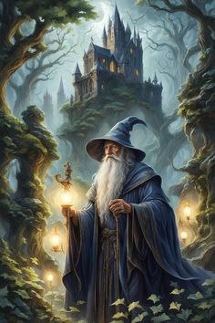 an old wizard holding a lantern in front of a castle with lots of trees and lights