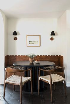 a dining room table with two chairs around it