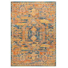 an orange, blue and yellow area rug with ornate designs on the bottom half of it