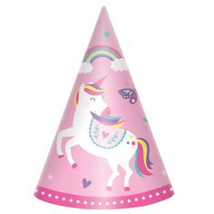 a pink party hat with a unicorn on it