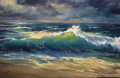 an oil painting of waves crashing on the beach with dark clouds in the sky above