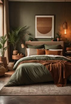 36 Cozy Earthy Bedroom Designs to Inspire Your Oasis 2 Bedroom Decor Ideas, Bedroom Color Small Room, Earth Tone Master Bedrooms Decor, Modern Bedroom Green Bedding, One Bedroom Studio Apartment Ideas, 2024 Bedroom Inspiration, Green Room Bedding, Couples Bedroom Ideas Apartments Cozy, Decorating Over Bed