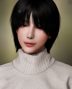 a woman with black hair and bangs wearing a turtle neck sweater is looking at the camera