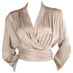 Yves Saint Laurent Haute Couture Pale Grey Silk Charmeuse Wrap Blouse For Sale at 1stdibs Satin Blouse Designs, Gray Shirt Outfit, Silk Blouse Outfit, Saint Laurent Couture, Yves Saint Laurent Shirt, Yves Saint Laurent Couture, Satin Shirts, Full Sleeve Blouse, Blouse Designs Silk