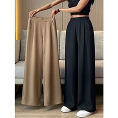 Season:Fall,Summer; Fabric:Polyester; Gender:Women's; Style:Fashion,Streetwear,Elegant; Elasticity:Micro-elastic; Occasion:Street,Going out,Work,Business; Function:Breathability,Comfortable,Soft,Comfort; Waistline:High Waist; Pattern:Plain,Maillard; Design:Pocket,Baggy,High Cut; Pants Type:Dress Pants,Pants Trousers,Wide Leg,Baggy Pants; Front page:FF; Listing Date:07/24/2023; Production mode:External procurement; Hips:; Length:; Pants Length:Full Length Moda Streetwear, Streetwear Mode, Womens Khakis, Baggy Trousers, Casual Wide Leg Pants, High Waist Fashion, Palau, Spring Women, Womens Dress Pants