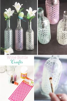 Wine bottle crafts are so fun. These are beautiful DIY vases made with Mod Podge, stencils and glitter. Great for Spring home decor or change the colors for anytime of year. Love these! #RealCoake #RealCrafts #Crafts #CraftProject #Upcycle #WineBottle #HomeDecor #DIY #WineBottleCrafts #CraftProjects #SpringDecor Christmas House Lights, Christmas Crafts To Sell, Diy Christmas Tree Topper, Christmas Crafts For Adults, Dekor Diy, Christmas Tree Decorations Diy, Navidad Diy, Christmas Crafts For Gifts, Diy Spring