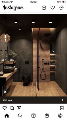 the instagram page shows an image of a bathroom with wood flooring and dark walls