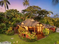 an aerial view of a house surrounded by tropical trees and flowers in the foreground