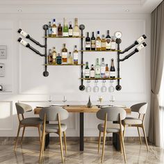 a dining room table and chairs with bottles on the wall