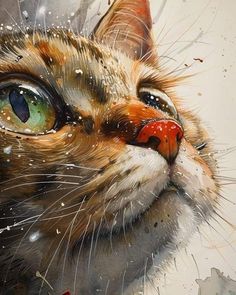 a painting of a cat's face with green eyes and whiskers on its nose