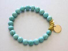 Turquoise Stretch Bracelet - Stretch Bracelet - Gold Dot Bracelet - Turquoise Beads Bracelet - Everyday Bracelet - Lucky Charm Bracelet - Gemstone Bracelet - Blue Bracelet - Clover Bracelet - Lucky Clover I used 8 mm size real turquoise beads, gold plated stardust wavy spacers and small turquoise color clover shaped charm to create this romantic bracelet. It's strung on clear elastic cord so it's very easy to put on & take off. Beads are high quality with nice black and brown veins. Gold plated Black Cross Necklace, Lucky Charm Bracelet, Gold Dot, Everyday Bracelet, Jewelry Turquoise, Real Turquoise, Onyx Bracelet