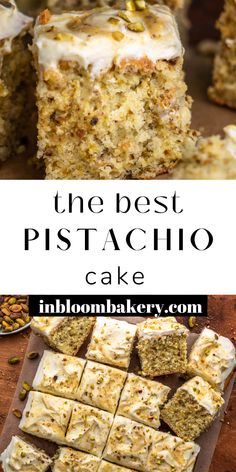 the best pistachio cake with white frosting on top is cut into squares