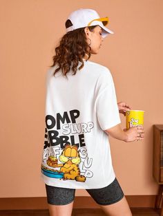 Women Casual Cartoon And Letter Printed Graphic Oversized  White Summer T-Shirt With Drop Shoulder CHOMP SLURP GOBBLE NARFGULP White Casual  Short Sleeve Knitted Fabric Animal,Cartoon,Letter,Slogan  High Stretch  Women Clothing, size features are:Bust: ,Length: ,Sleeve Length: 90s Shirts Graphic Tees, Shein Women, Trendy Shirt Designs, Cartoon Shirts, 90s Shirts, Animal Cartoon, Women T Shirts, White Summer, White Casual