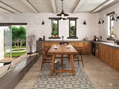 a dining room and kitchen area in a house with wood furniture, tile flooring and large windows