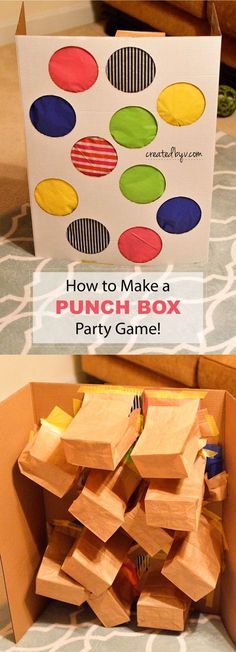 a box filled with wooden blocks and the words how to make a punch box party game