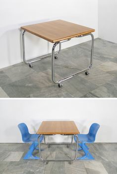 two pictures of a table and chairs on the same floor, one has a blue plastic chair