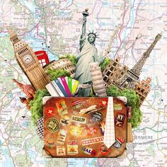 the statue of liberty is surrounded by many different travel related items, including luggage and stickers