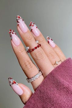 @priincess_avery Nail Inspo Gemstone, Gemstones Nail Design, Gem Christmas Nails, Rhinestone And Pearl Nails, Red Gemstone Nails, Jewel French Tip Nails, French Nails With Gems Rhinestones, Winter Nails With Gems, Pearl Christmas Nails