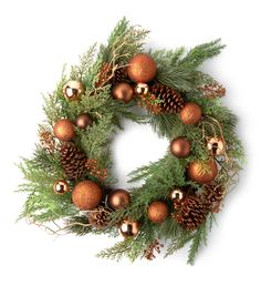 a christmas wreath with gold ornaments and pine cones