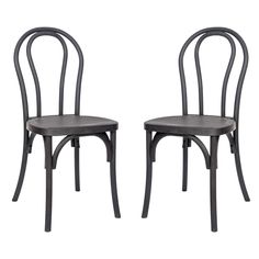 two black chairs sitting next to each other on a white background and one has a wooden seat