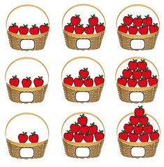 a set of nine baskets filled with red apples