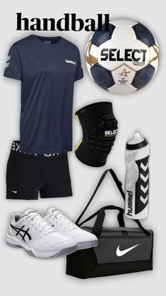 various sports items are displayed on a gray background with the words, hand ball select