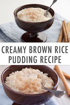 creamy brown rice pudding recipe with cinnamon sticks in the background