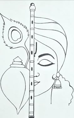 a drawing of a woman's face next to a tall pole with a bell on it