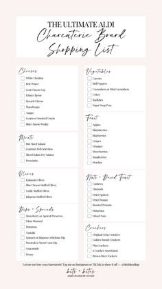 the ultimate list for creative bride shopping list with pink background and black lettering on it