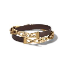 Supple brown leather and brushed gold-tone stainless steel double-wrap bracelet featuring signature tuning fork-shaped links for an instant layered look. Pearl Jewels, Double Wrap Bracelet, Jewelry Clasps, Expensive Jewelry, Mens Jewelry Bracelet, Mens Gold, Leather Wrap Bracelet, Gold Leather, Leather Wraps