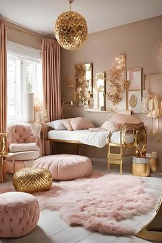 a bedroom with pink and gold decor in the room, including a bed, chair, ottoman