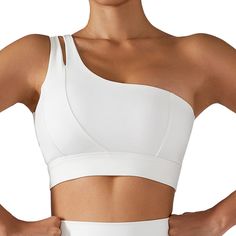 PRICES MAY VARY. 【Lightweight Sports Bra】Sports bras for women sexy hollow out yoga bra one shoulder sports bra is made of high-quality fabrics: 88% nylon and 12% spandex. This fabric can provide comfort while being skin-friendly, breathable, wicking perspiration, and will not irritate the skin. And the workout bras for women with supportive, supple fabrics and customisable support, it promises you’ll leave the gym on cloud . 【One Shoulder Design Sport Bra】High impact sports bras for women uses Running Sports Bra, Estilo Fitness, Sports Crop Tops, White Bras, White Sports Bra, Yoga Set, Running Workout, Workout Outfit, Sports Suit