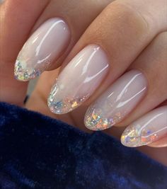 Earadesent Nails, Iridescent Flakes Nails, Nude Irredescent Nails, Irredescent Nails White, Formal Event Nails, Glitter Baby Boomer Nails, Oval Dip Nails, Opal Nail Designs, Mother Of Pearl Nails