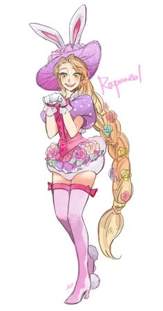 a drawing of a girl with long blonde hair wearing a pink dress and bunny ears