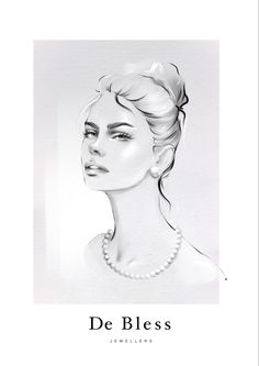 a black and white drawing of a woman's face with pearls in her hair