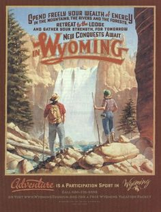 an advertisement for the movie wyoming featuring two men standing in front of a waterfall with skis