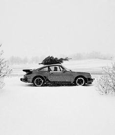 a black and white photo of a car with a christmas tree on the top of it