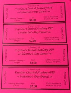 three pink tickets with the words valentine's day dance on them