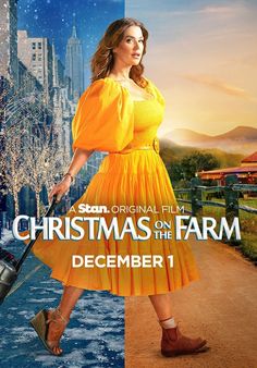 the poster for christmas on the farm with a woman in an orange dress and umbrella