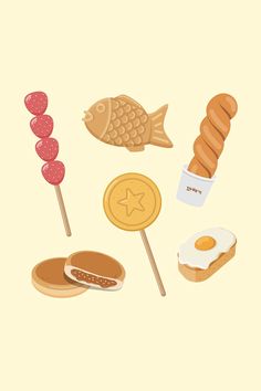 an assortment of food items including bread, eggs, and sausages on stickers