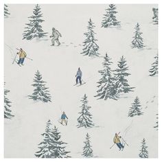 the skiers are skiing through the snow covered trees in this wintery landscape wallpaper