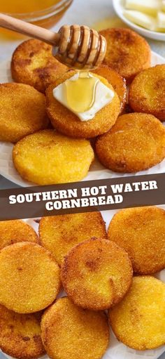 two plates filled with fried cornbreads and honey