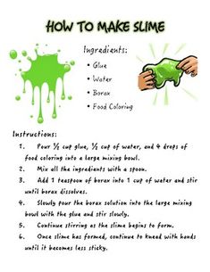 how to make slime recipe with green liquid and hand washing instructions on white background