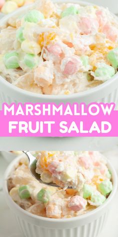 marshmallow fruit salad in a white bowl with a spoon on the side and pink text overlay that reads, marshmallow fruit salad