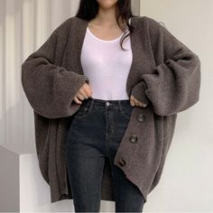 #ad Great Shopping Women Oversized Cardigan Sweater Button Down Lantern Sleeve Knit Coat Knitwear, Fashion Sweaters Women Long Cardigan, Lantern Sleeve Sweater, Coffee Sweater, Oversized Sweater Women, Gilet Long, Brown Cardigan, Pullover Outfit, Fall Winter Wardrobe, Button Sweater