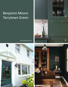 the interior of a house with green paint and white trim on the doors, windows, and cabinets